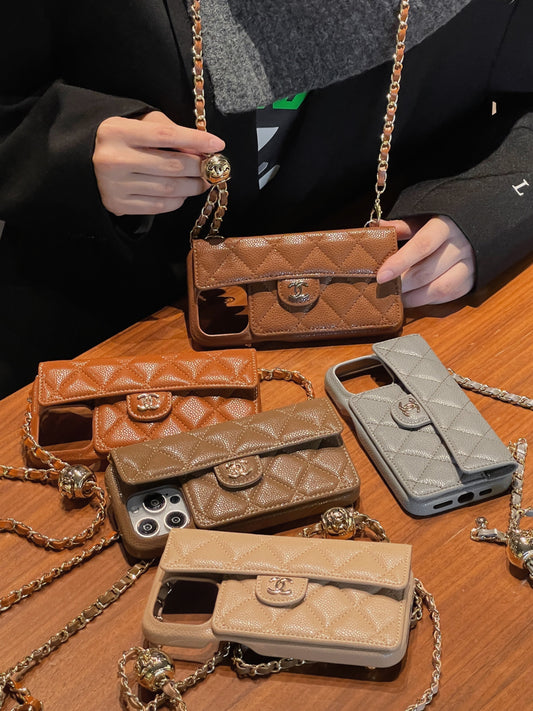 Luksuriøs lommebok iPhone -sak med hånd /crossbody -kjede