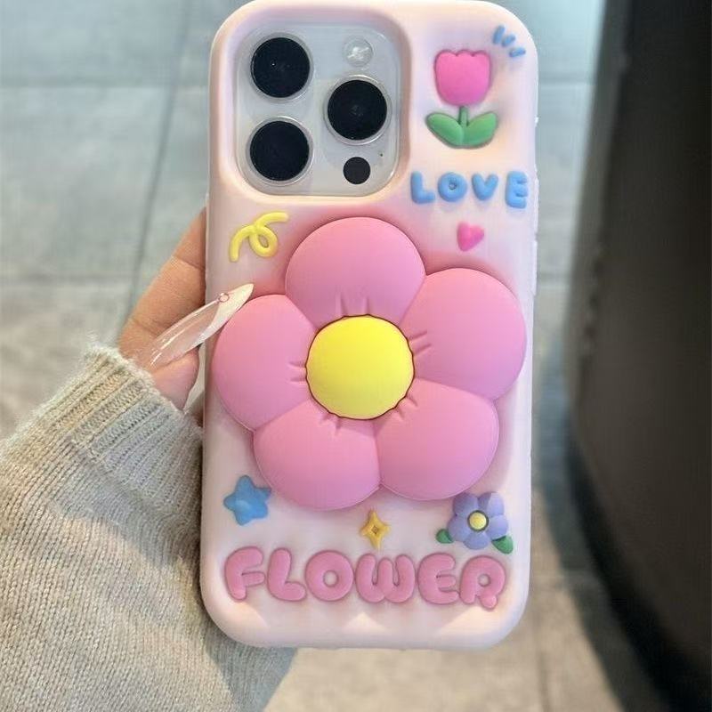 Trendy 3D-blomsterdeksel til iPhone med støtte – mykt & Frisk stil