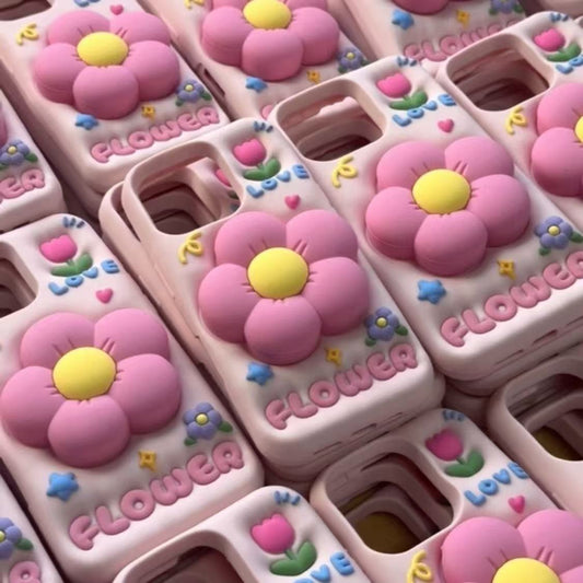 Trendy 3D-blomsterdeksel til iPhone med støtte – mykt & Frisk stil