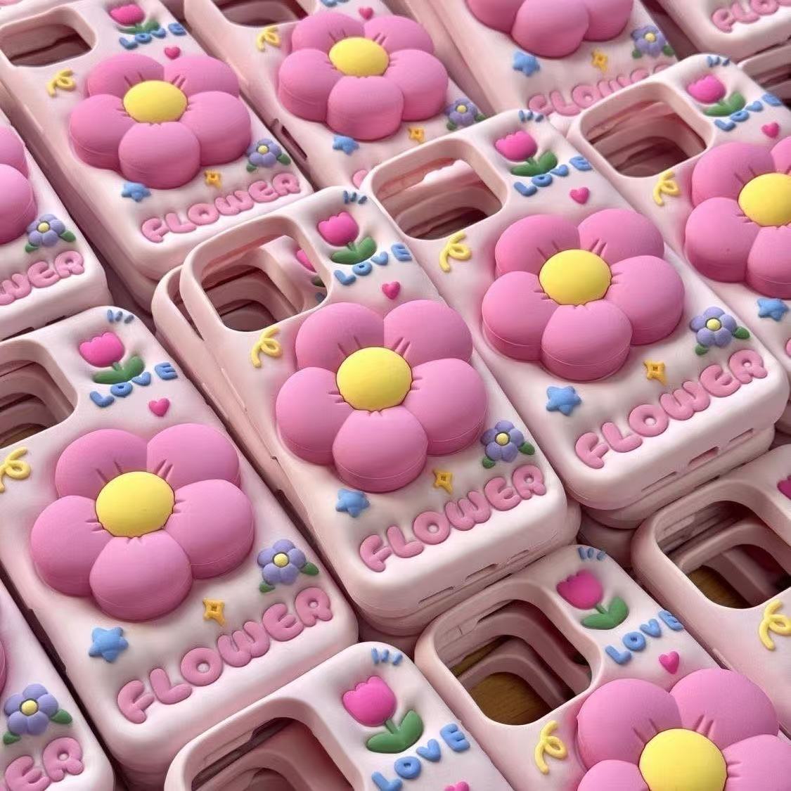 Trendy 3D-blomsterdeksel til iPhone med støtte – mykt & Frisk stil
