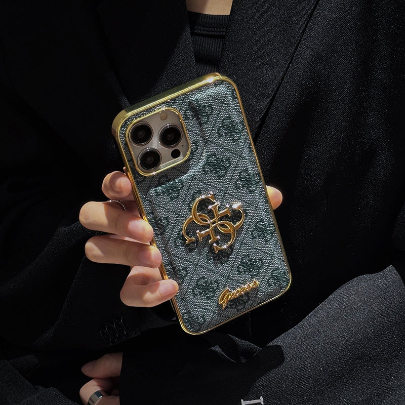 Capa do iPhone de couro do logotipo de ouro