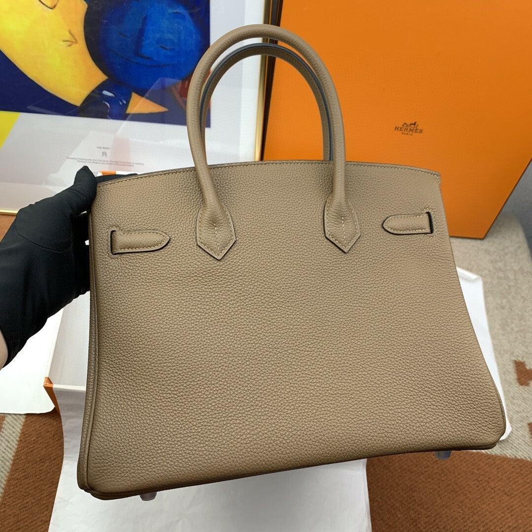 Leather Etoupe Bag with Silver Hardware (11.8 inches / 30 cm)