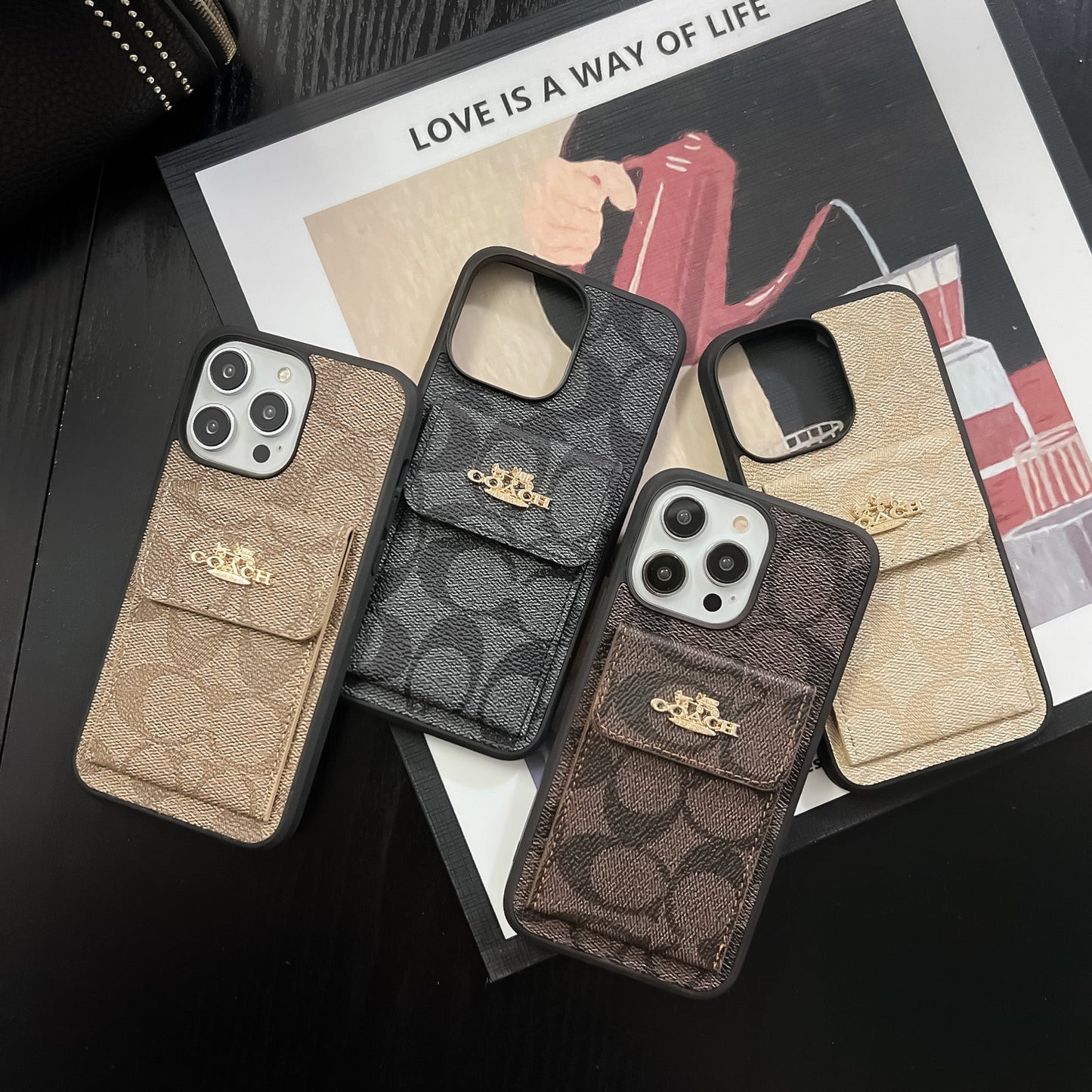Coach iPhone Case með kortahafa veski dökkbrúnt -szk240425