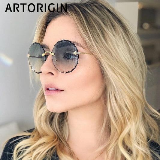 Luksuriøse runde solbriller kvinner merkevaredesigner rimless solglass for kvinnelig fargetone mote rosie briller